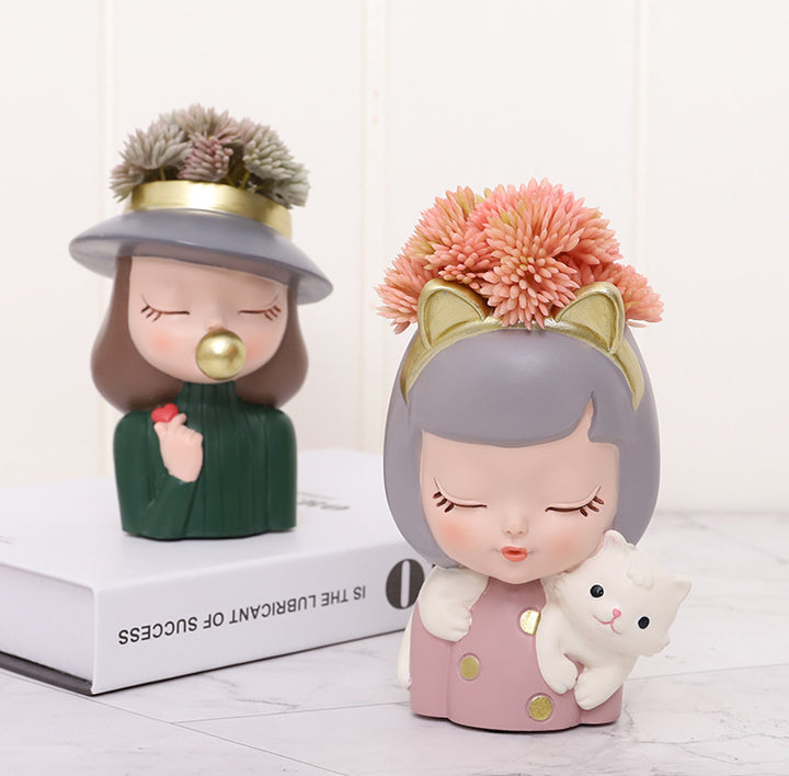 Beram Charming Figurine Set Green Pink Grey Polyresin Decorative Flower Vase Cute Girl Succulent Pot Modern Indoor Home Office Table Decor Propagator Kit Gift Set