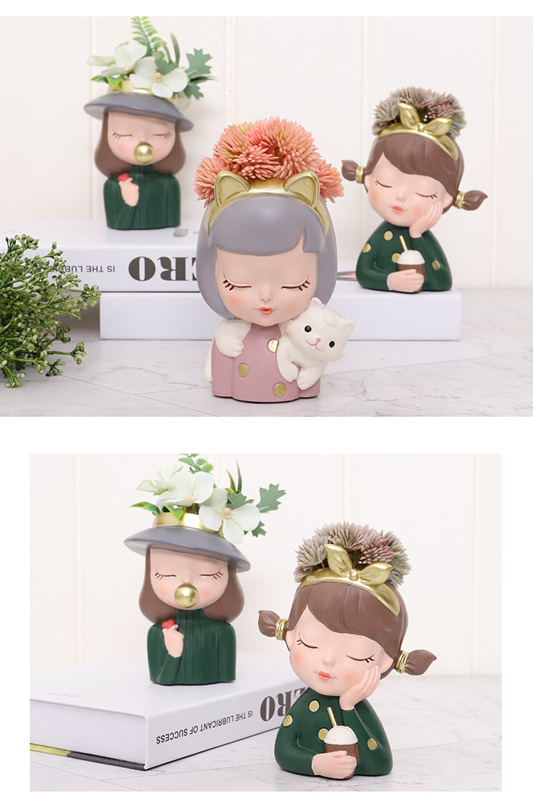 Beram Charming Figurine Set Green Pink Grey Polyresin Decorative Flower Vase Cute Girl Succulent Pot Modern Indoor Home Office Table Decor Propagator Kit Gift Set