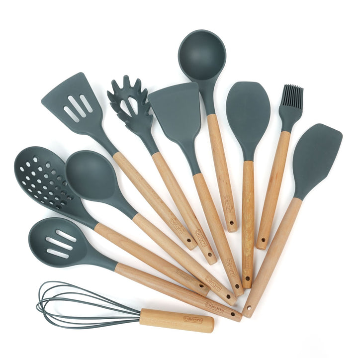 Beram 11Pcs Silicone Cooking Utensil Set with Wooden Handles Heat Resistant BPA Free Non-Stick Kitchen Tools Set for Cooking Baking Stirring Serving and Mixing-Grey (11 Pcs Set)