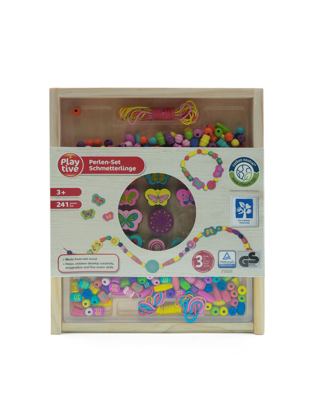 Playtive Butterfly Bead Set – 241-Piece Wooden Bead Craft Kit for Kids 3+, Enhances Creativity & Fine Motor Skills, Eco-Friendly and Safe, Includes Butterfly Designs, 3-Year Warranty