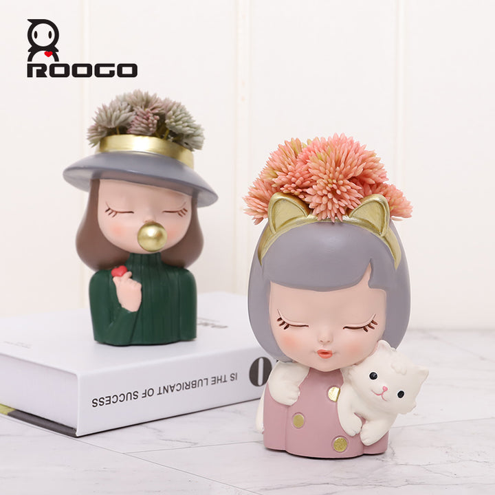 Beram Charming Figurine Set Green Pink Grey Polyresin Decorative Flower Vase Cute Girl Succulent Pot Modern Indoor Home Office Table Decor Propagator Kit Gift Set