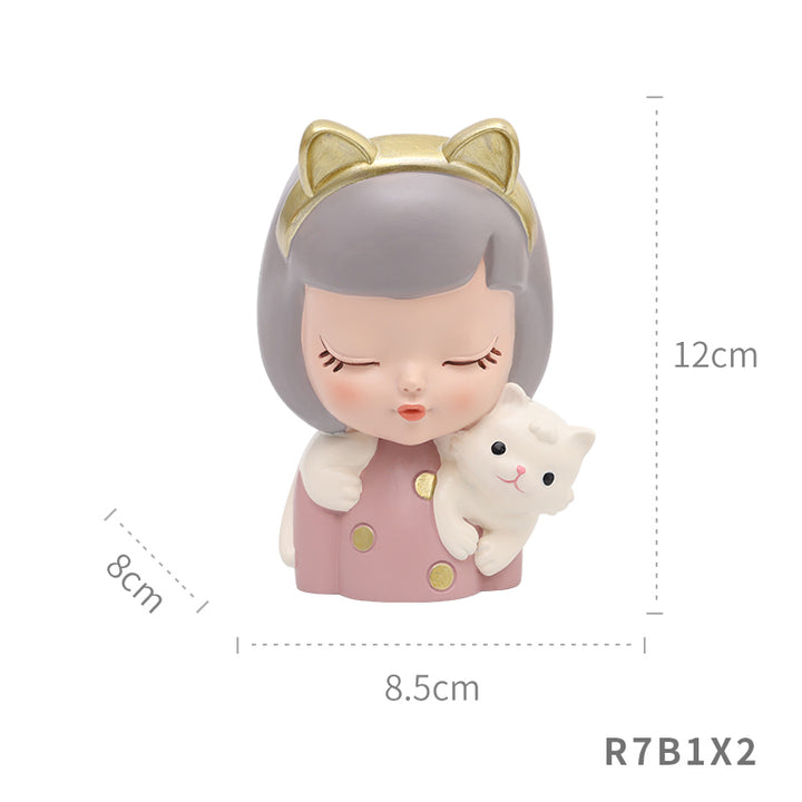 Beram Charming Figurine Set Green Pink Grey Polyresin Decorative Flower Vase Cute Girl Succulent Pot Modern Indoor Home Office Table Decor Propagator Kit Gift Set