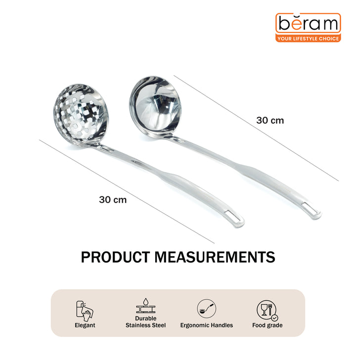 Beram 2 Piece Mirror Skimmer and Soup Ladle Food-Grade Stainless Steel  Ergonomic Handle  Lightweight Mirror Polish Finish  Hollow Out Skimmer Hanging Hole for Storage