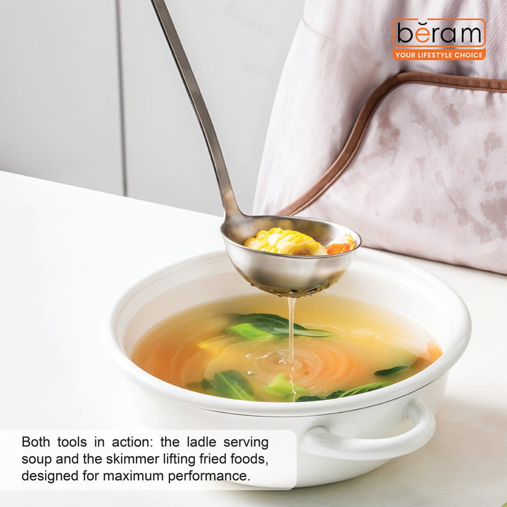 Beram 2 Piece Mirror Skimmer and Soup Ladle Food-Grade Stainless Steel  Ergonomic Handle  Lightweight Mirror Polish Finish  Hollow Out Skimmer Hanging Hole for Storage