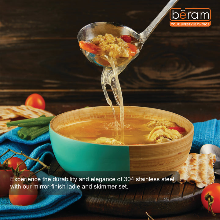 Beram 2 Piece Mirror Skimmer and Soup Ladle Food-Grade Stainless Steel  Ergonomic Handle  Lightweight Mirror Polish Finish  Hollow Out Skimmer Hanging Hole for Storage