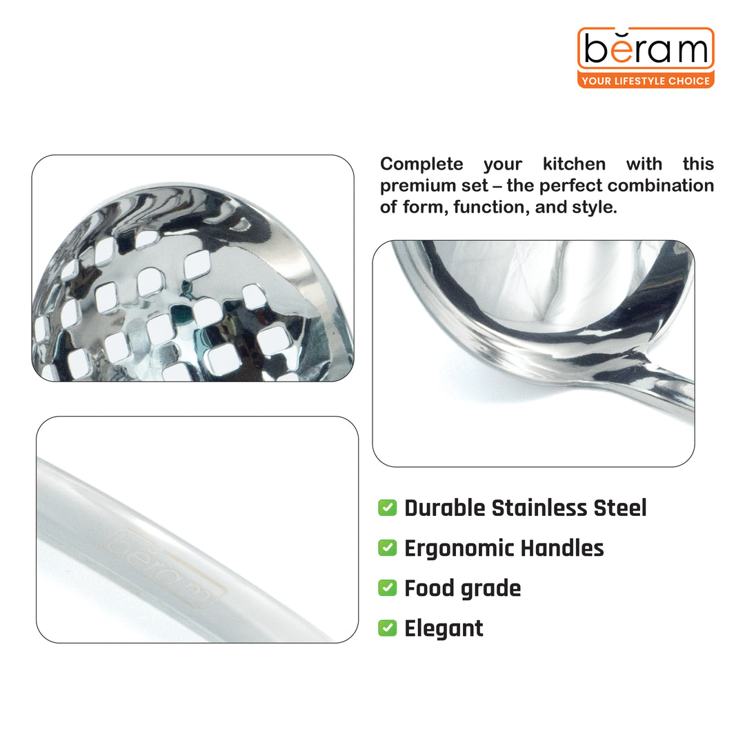 Beram 2 Piece Mirror Skimmer and Soup Ladle Food-Grade Stainless Steel  Ergonomic Handle  Lightweight Mirror Polish Finish  Hollow Out Skimmer Hanging Hole for Storage