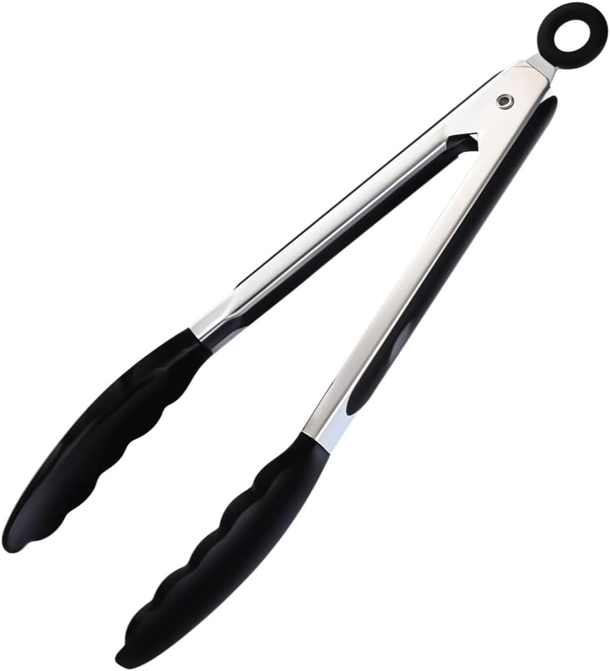 BERAM 270℃ Cooking Tongs, 9 Inch Silicone Kitchen Tongs with Non-Stick Rubber Tips, Padlock System & 18/8 Stainless Steel Handle for Grilling, BBQ, Frying, Serving, Heat Resistant, Non-Scratch