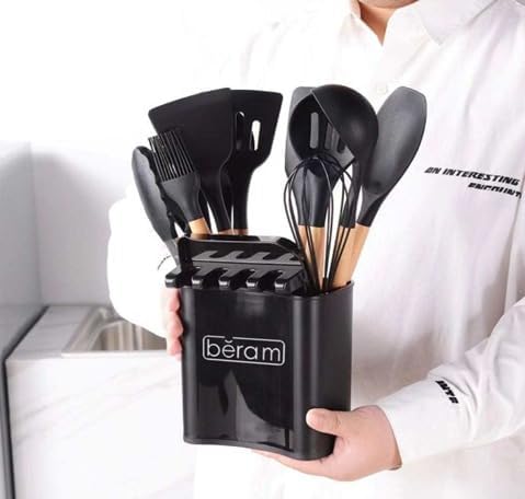 BERAM Silicone Cooking Utensil Set, 13 Pieces, Wooden Handles, Kitchen Spatula Set, Nonstick Cookware, Non Toxic, Heat Resistant, Kitchen Tools Set With Storage Bucket and Lid Rest, Black