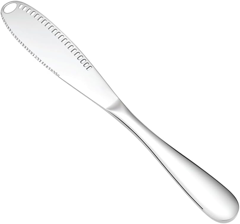 BERAM Butter Knife, 3 in 1 Heavy Duty Scraper, Cheese Knife, Stainless Steel, Butter Curler, Spreader with Serrated Edge, Slots for Cutting Vegetables, Fruits, Jam, Peanut Butter and Cheese
