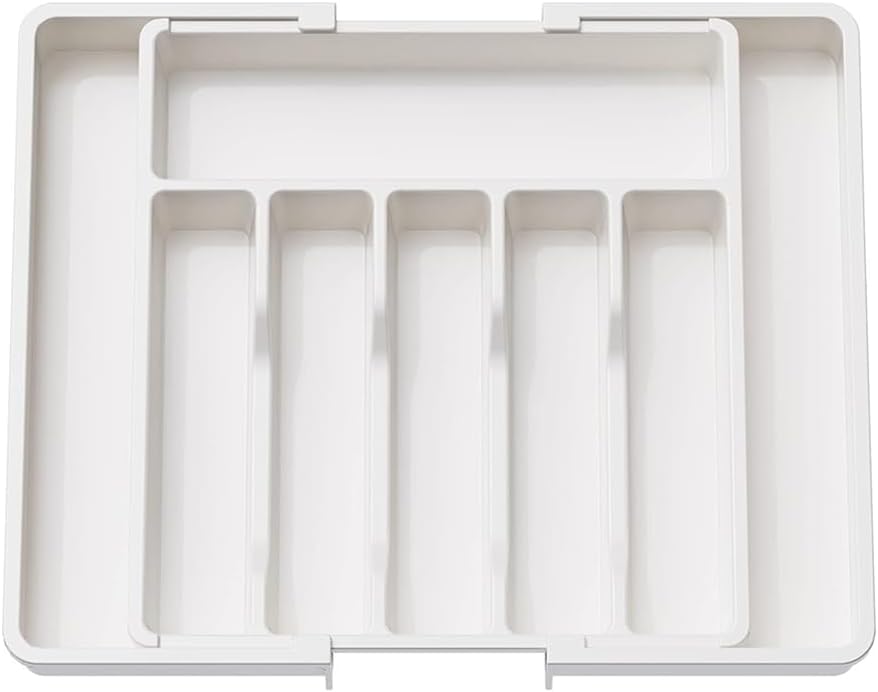 Beram Expandable Kitchen Drawer Organizer Tray – 33×37.5×5 cm BPA-Free PP Cutlery Holder for Spoons Forks Knives & Utensils Adjustable Silverware Divider Storage Box for Kitchen Drawers