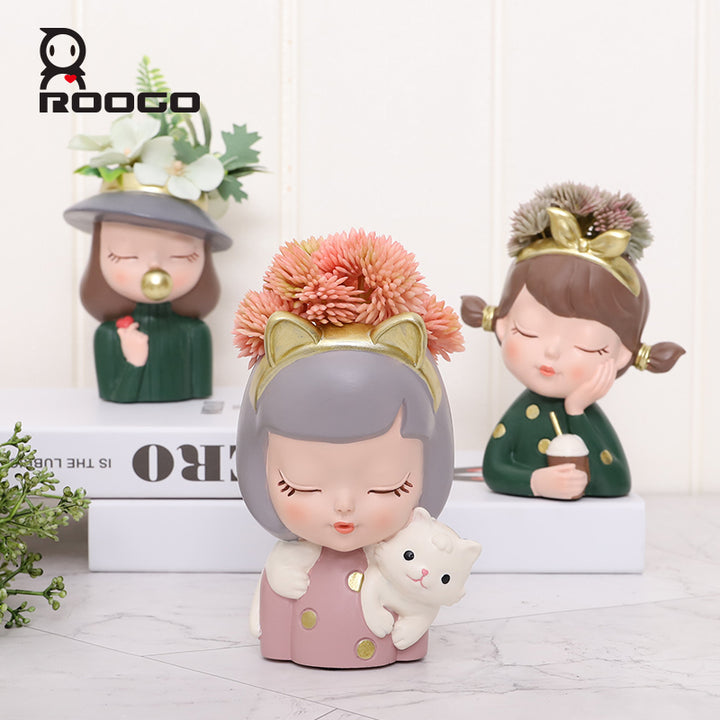 Beram Charming Figurine Set Green Pink Grey Polyresin Decorative Flower Vase Cute Girl Succulent Pot Modern Indoor Home Office Table Decor Propagator Kit Gift Set