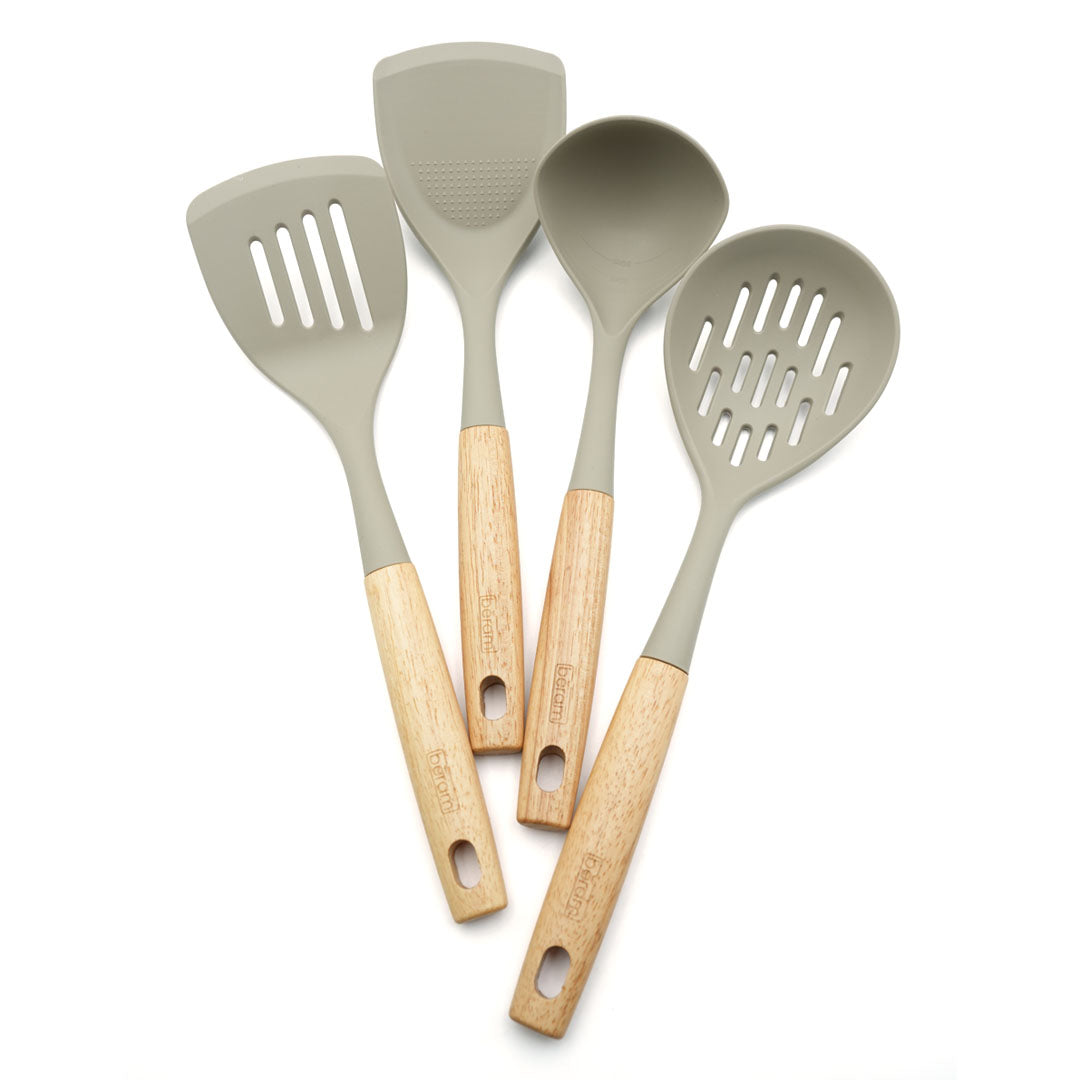 Beram 4-Piece Silicone Kitchen Utensil Set with Natural Wooden Handles Heat Resistant, BPA Free, Non Stick Safe Cooking Tools Beige Colour
