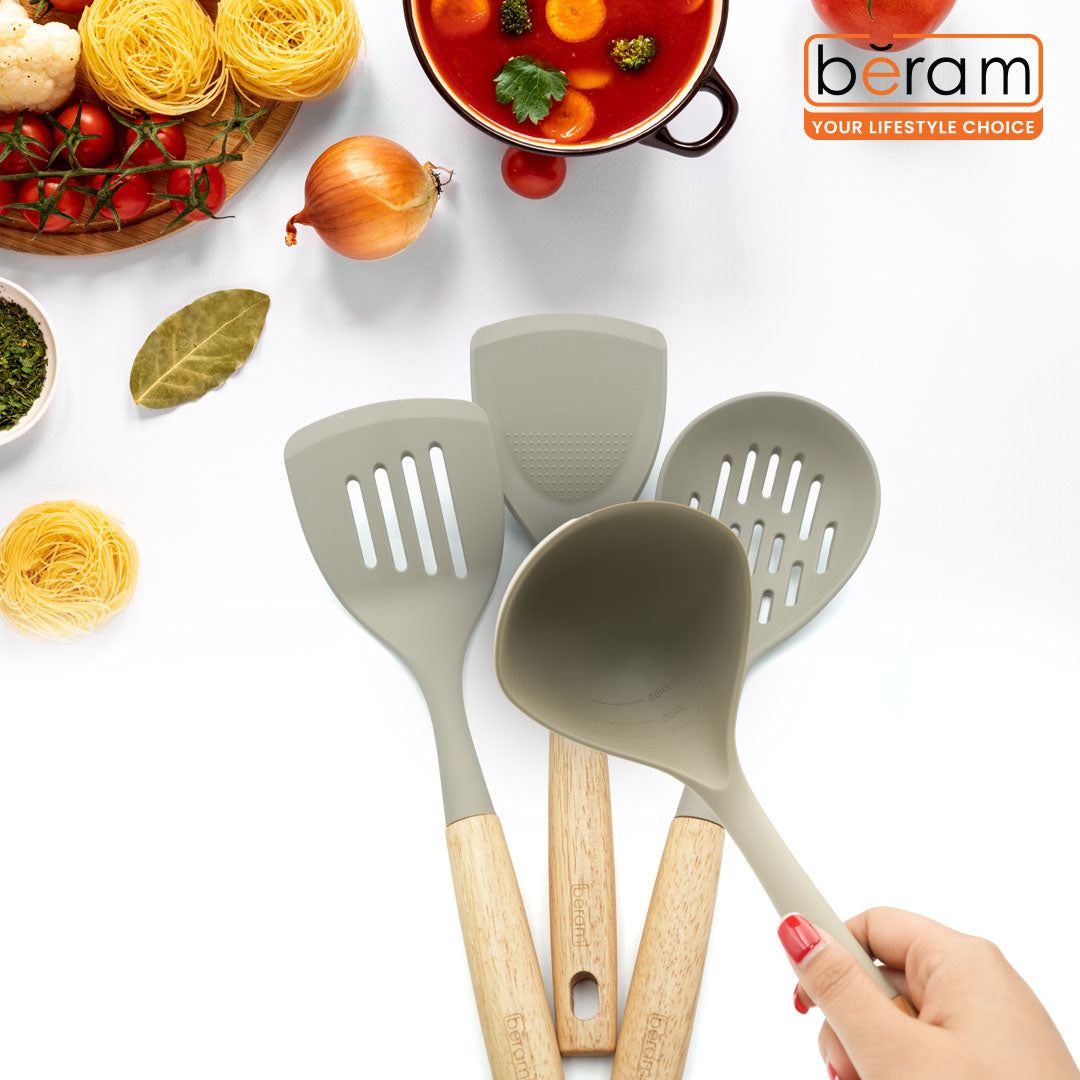 Beram 4-Piece Silicone Kitchen Utensil Set with Natural Wooden Handles Heat Resistant, BPA Free, Non Stick Safe Cooking Tools Beige Colour