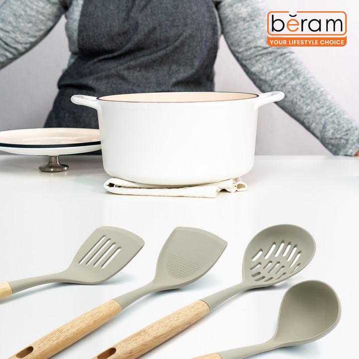Beram 4-Piece Silicone Kitchen Utensil Set with Natural Wooden Handles Heat Resistant, BPA Free, Non Stick Safe Cooking Tools Beige Colour