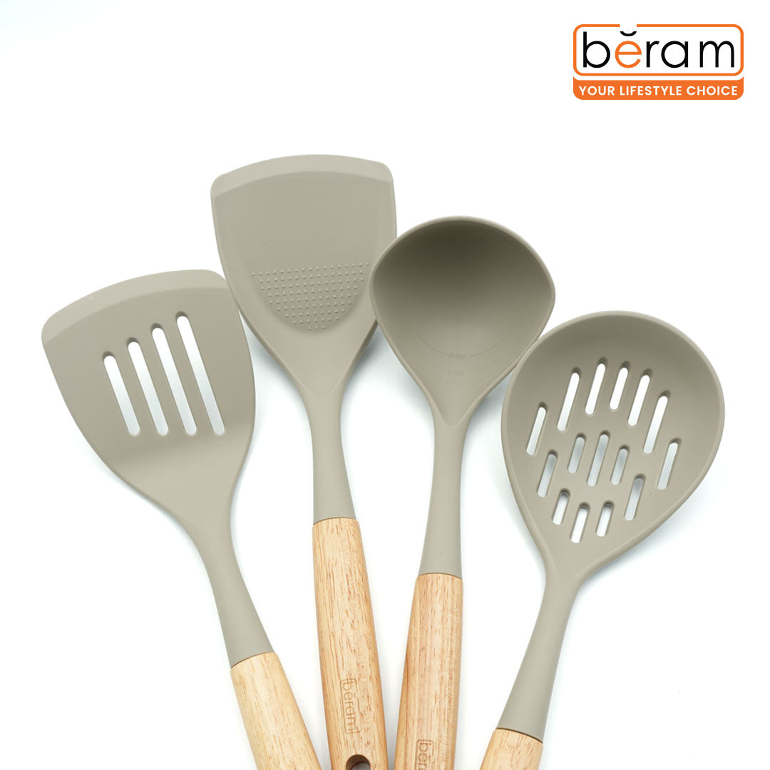 Beram 4-Piece Silicone Kitchen Utensil Set with Natural Wooden Handles Heat Resistant, BPA Free, Non Stick Safe Cooking Tools Beige Colour