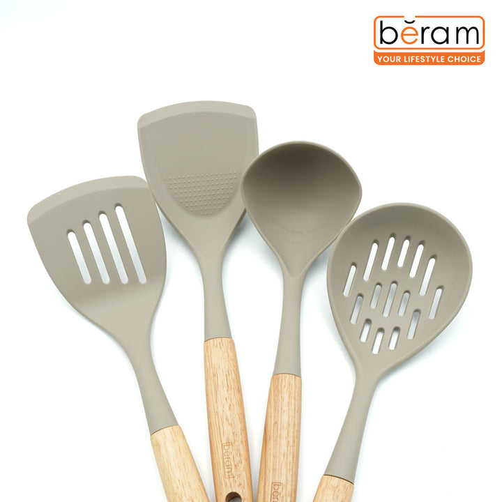 Beram 4-Piece Silicone Kitchen Utensil Set with Natural Wooden Handles Heat Resistant, BPA Free, Non Stick Safe Cooking Tools Beige Colour