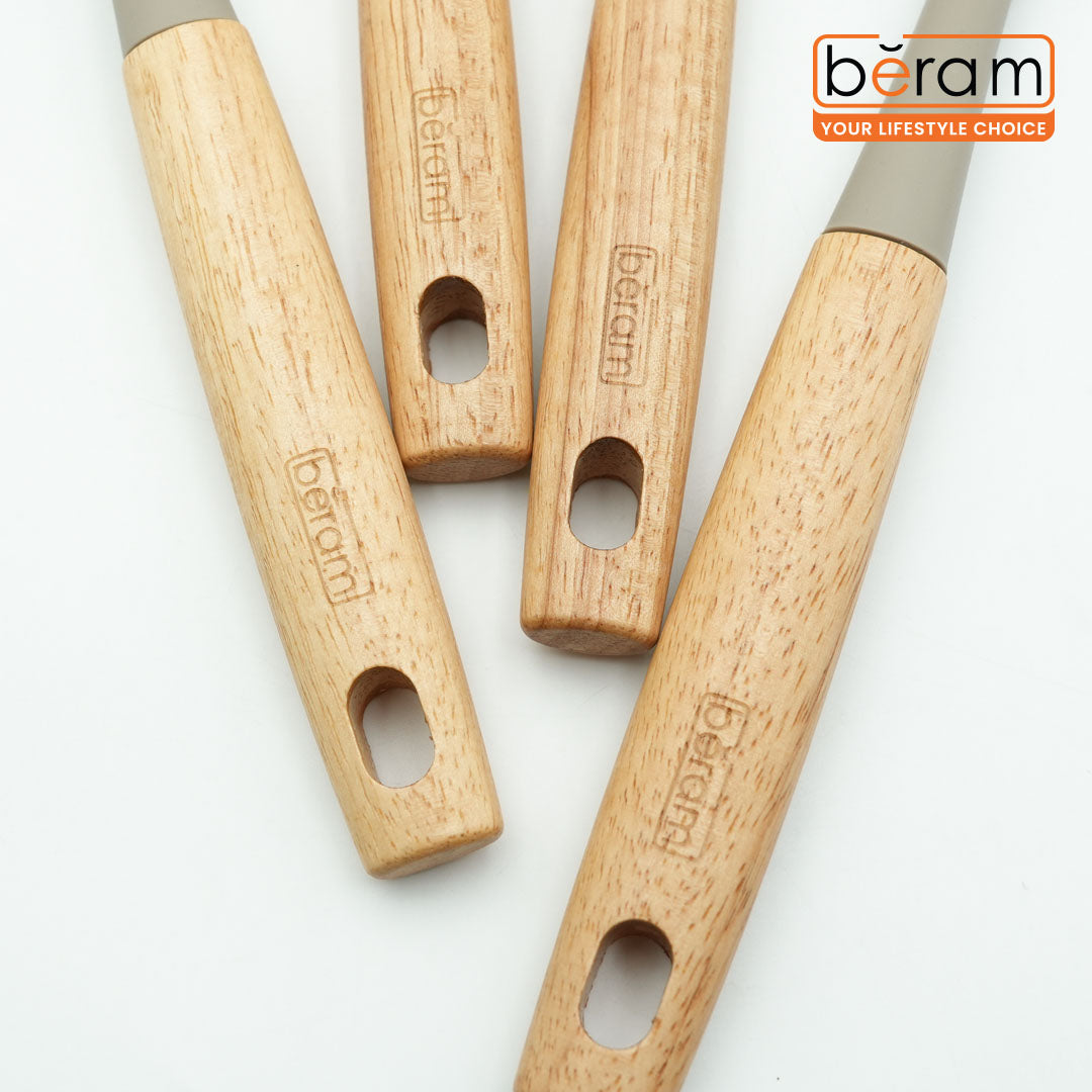 Beram 4-Piece Silicone Kitchen Utensil Set with Natural Wooden Handles Heat Resistant, BPA Free, Non Stick Safe Cooking Tools Beige Colour