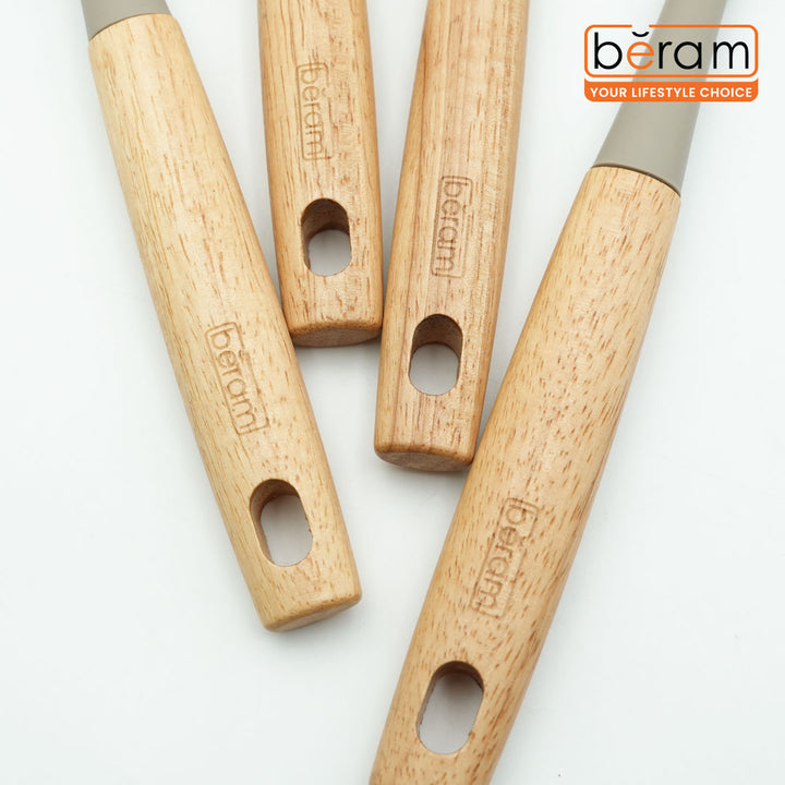Beram 4-Piece Silicone Kitchen Utensil Set with Natural Wooden Handles Heat Resistant, BPA Free, Non Stick Safe Cooking Tools Beige Colour