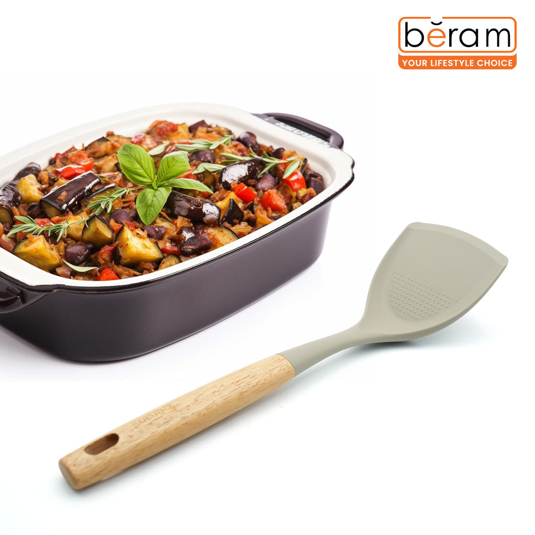 Beram 4-Piece Silicone Kitchen Utensil Set with Natural Wooden Handles Heat Resistant, BPA Free, Non Stick Safe Cooking Tools Beige Colour