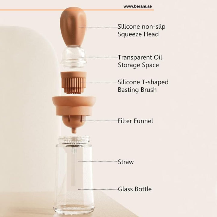BERAM Oil Dispenser, Bottle with Brush, Set of 4, Used for Barbecue, Vinegar or Sauce, Glass Storage, and Dispenser Container with Silicone Basting Brush for Kitchen, Baking, Air Fryer, 2 in 1