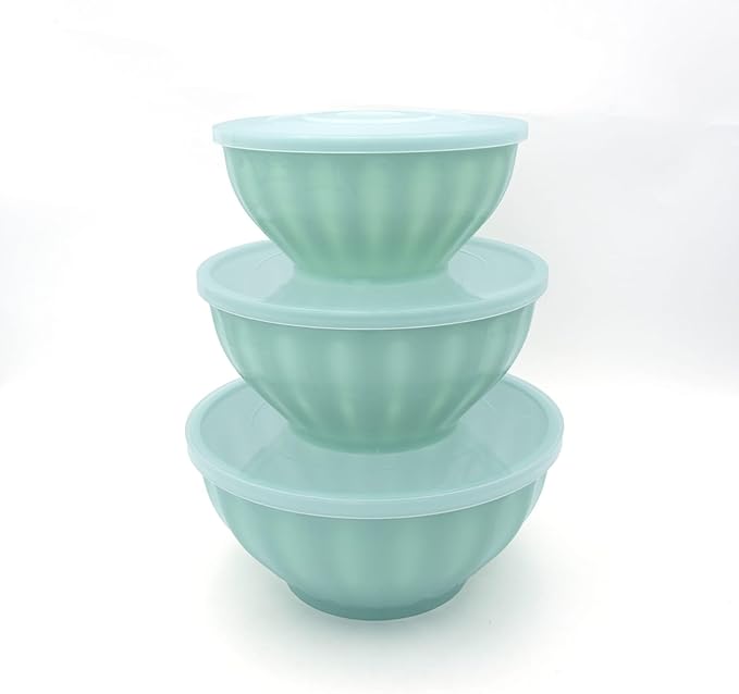 3-Piece Mint Green Mixing Bowl Set with Lid BPA-Free Plastic Nesting Bowls for Kitchen Microwave & Dishwasher Safe Food Storage & Salad Prep Bowls (1.3L, 2.2L, 3.4L)