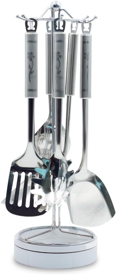 BERAM Stainless Steel Cooking Utensils Set, 6 Pieces, Four Leaf Design Handles, Spatula, Turner, Rice Scoop, Pasta Server, Skimmer, Soup Ladle, Kitchen Tools for Daily Use