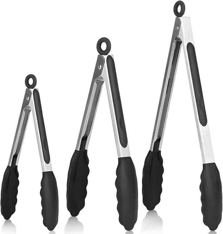 BERAM 270°C Heat Resistant Kitchen Tongs Set of 3- 18/8 Stainless Steel Tongs with Non Stick Silicone Tips 12,9,7 inch for Grilling BBQ Frying Salad and Food Serving Durable Locking Tongs Black