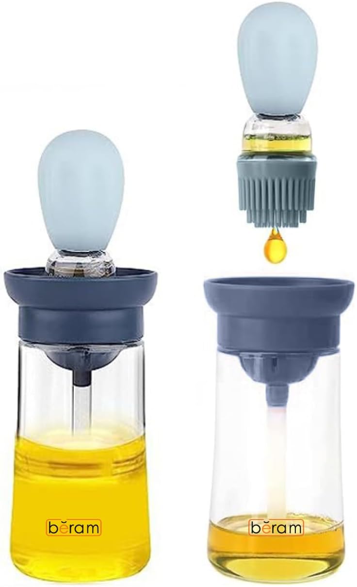 BERAM Oil Dispenser, Bottle with Brush, Set of 4, Used for Barbecue, Vinegar or Sauce, Glass Storage, and Dispenser Container with Silicone Basting Brush for Kitchen, Baking, Air Fryer, 2 in 1
