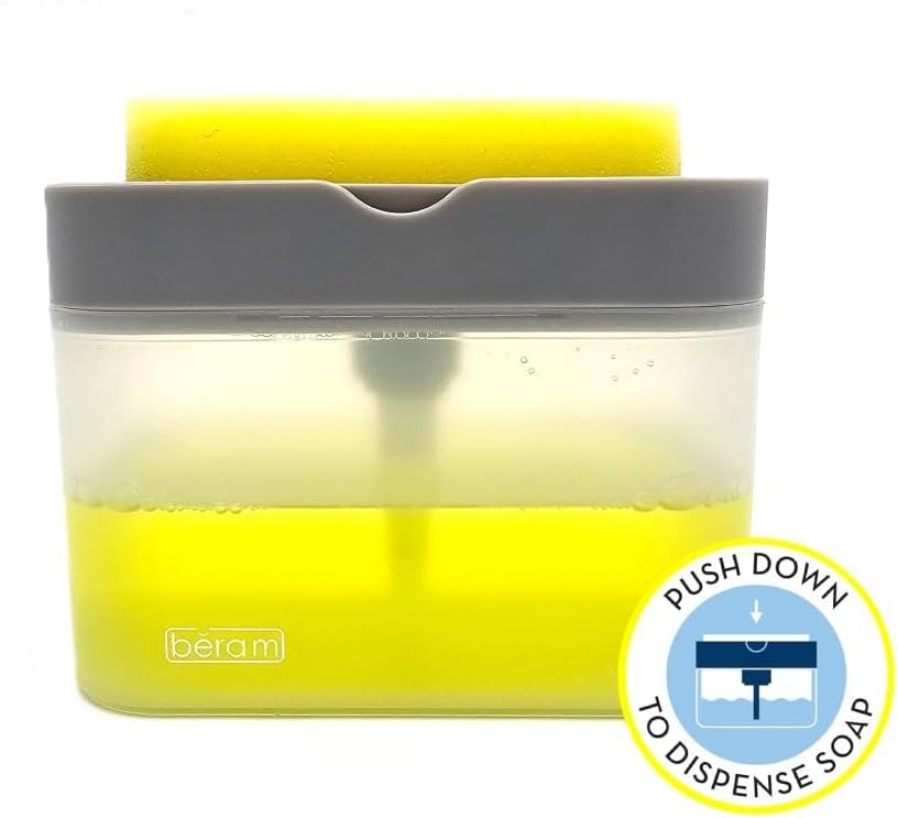 BERAM 500ml Soap Dispenser with Sponge Holder, 2-in-1 Countertop Pump for Kitchen Sink, Dishwasher Soap Dispenser, Refillable with Cleaning Cloth Rack - Space-Saving Kitchen Organizer