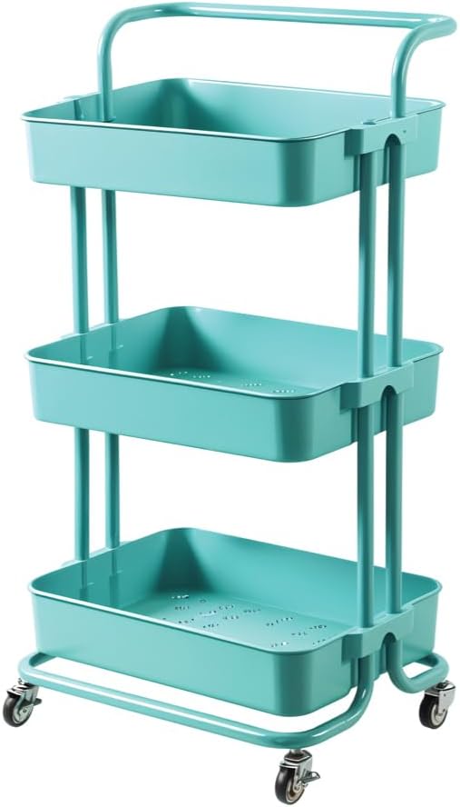 BERAM 3-Tier Metal Storage Rack with Handle & Smooth-Rolling Wheels – Heavy-Duty Basket Shelf Organizer for Kitchen Bathroom Pantry and Home Organization – Durable Space-Saving Utility Cart Green