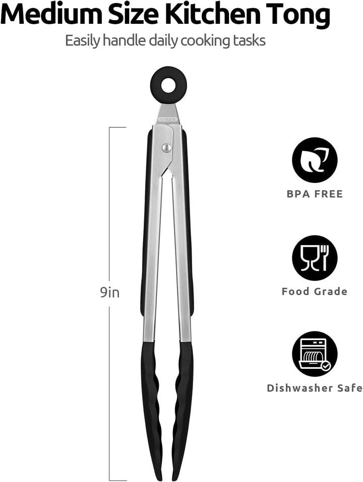 BERAM 270℃ Cooking Tongs, 9 Inch Silicone Kitchen Tongs with Non-Stick Rubber Tips, Padlock System & 18/8 Stainless Steel Handle for Grilling, BBQ, Frying, Serving, Heat Resistant, Non-Scratch