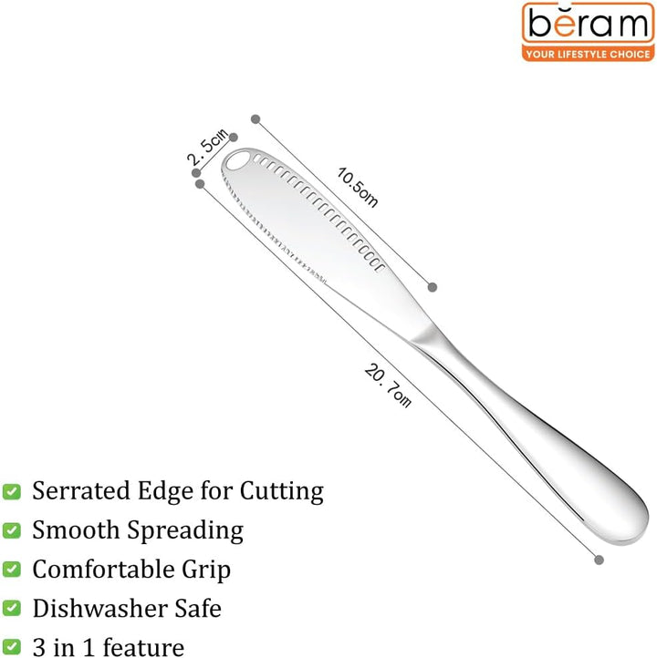 BERAM Butter Knife, 3 in 1 Heavy Duty Scraper, Cheese Knife, Stainless Steel, Butter Curler, Spreader with Serrated Edge, Slots for Cutting Vegetables, Fruits, Jam, Peanut Butter and Cheese