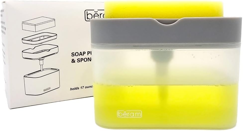BERAM 500ml Soap Dispenser with Sponge Holder, 2-in-1 Countertop Pump for Kitchen Sink, Dishwasher Soap Dispenser, Refillable with Cleaning Cloth Rack - Space-Saving Kitchen Organizer