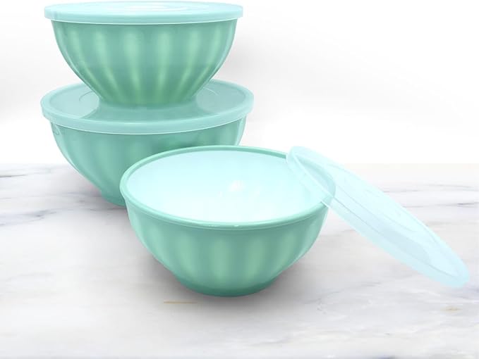 3-Piece Mint Green Mixing Bowl Set with Lid BPA-Free Plastic Nesting Bowls for Kitchen Microwave & Dishwasher Safe Food Storage & Salad Prep Bowls (1.3L, 2.2L, 3.4L)