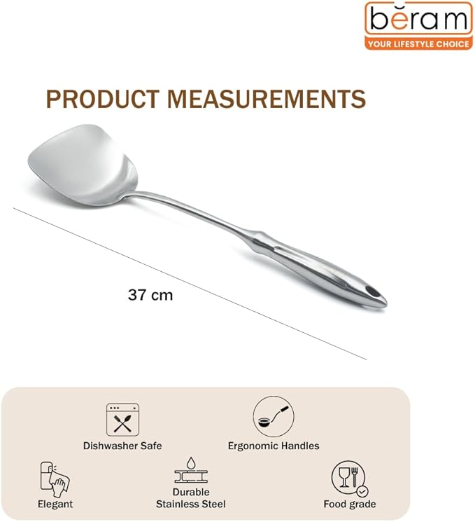 BERAM Honor Spatula Cooking Utensil 304 Stainless Steel Kitchen Tool Frying Spoon 100% Food Grade Compact Elegant Design Silver