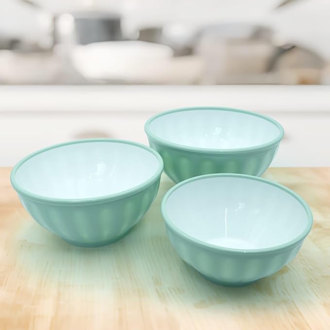 3-Piece Mint Green Mixing Bowl Set with Lid BPA-Free Plastic Nesting Bowls for Kitchen Microwave & Dishwasher Safe Food Storage & Salad Prep Bowls (1.3L, 2.2L, 3.4L)