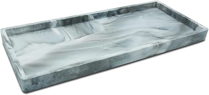 Beram Bathroom Storage Rectangular Tray – Grey Marble Effect Silica GelGrey Bathroom Storage Rack with Silicagel Rectangular Tray for Toiletries and Essentials