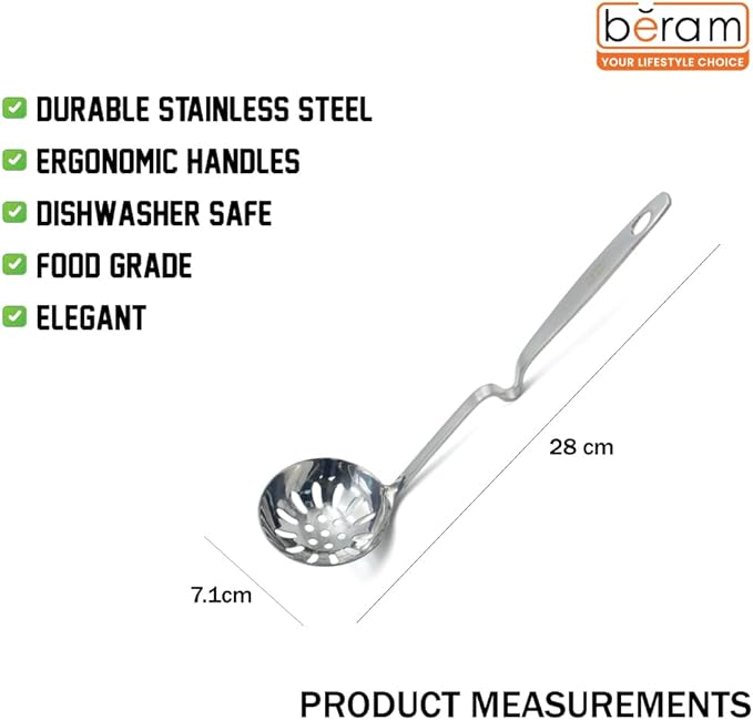 BERAM Skimmer Strainer Stainless Steel Wall Hanging Handle Design Skimmer Soup Ladle Elegant Design Cooking Utensils Kitchen Tool for Frying Straining and Draining