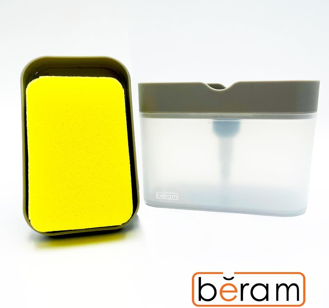 BERAM 500ml Soap Dispenser with Sponge Holder, 2-in-1 Countertop Pump for Kitchen Sink, Dishwasher Soap Dispenser, Refillable with Cleaning Cloth Rack - Space-Saving Kitchen Organizer