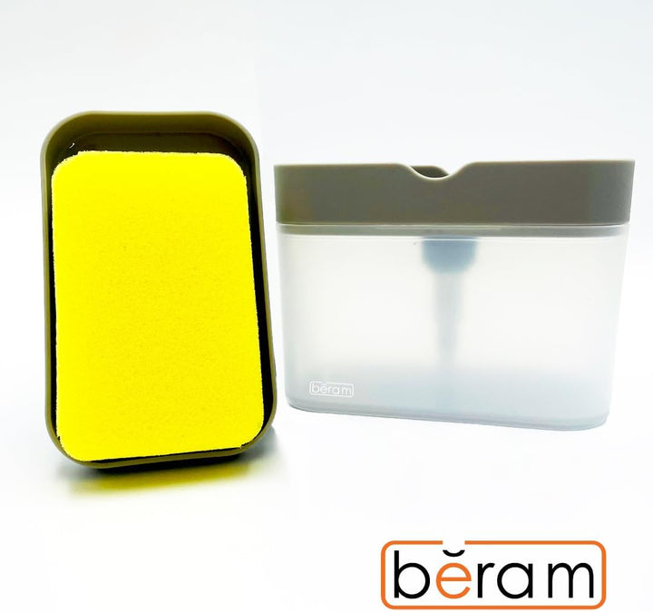 BERAM 500ml Soap Dispenser with Sponge Holder, 2-in-1 Countertop Pump for Kitchen Sink, Dishwasher Soap Dispenser, Refillable with Cleaning Cloth Rack - Space-Saving Kitchen Organizer