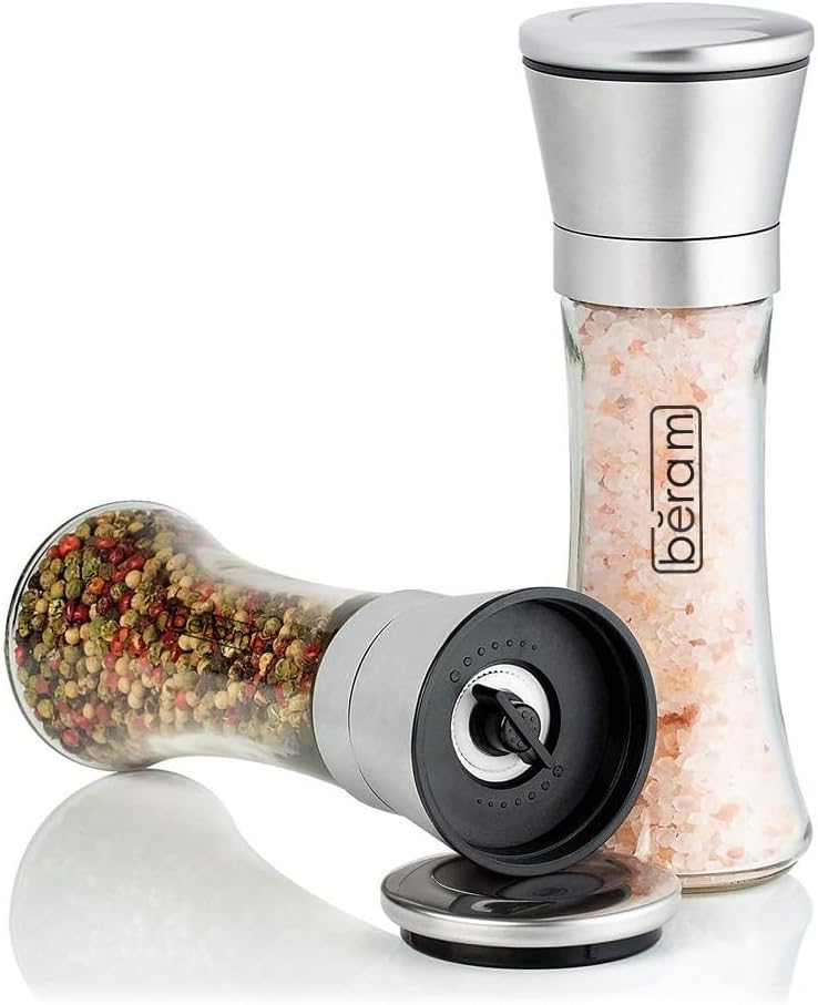 BERAM Salt and Pepper Grinder Set, Stainless Steel Mills with Tall Glass Body, Manual, Adjustable Coarseness for Sea Salt, Black Pepper, Spices, Multipurpose, Perfect for Home Kitchens & Restaurants