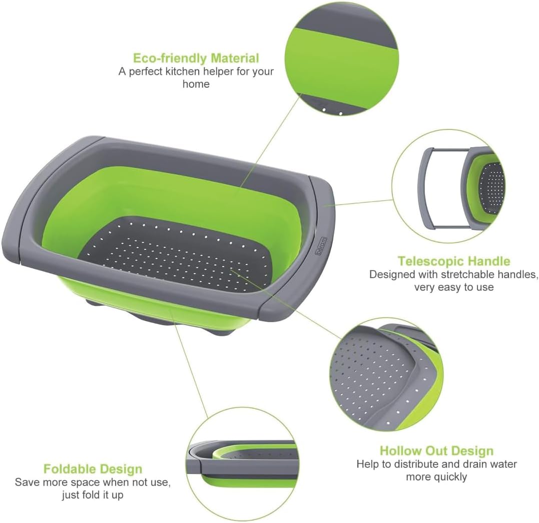 BERAM 40cm Colander, Extendable Handles, Kitchen Strainer, Collapsible, Over the Sink, Rice Drainer, Silicone, Space Saving & Collapsible Kitchen Accessories, Best for Daily Kitchen Storage and Use