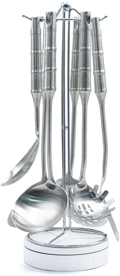 BERAM Cooking Utensils Set, 304 Stainless Steel, 6 Pieces, Soup Spoon, Spatula, Slotted Turner, Rice Scoop, Pasta Server, Skimmer, Food Grade, Kitchen Tools with Bamboo Shaped Handles