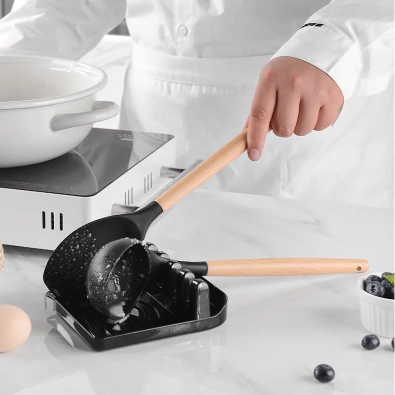 BERAM Silicone Cooking Utensil Set, 13 Pieces, Wooden Handles, Kitchen Spatula Set, Nonstick Cookware, Non Toxic, Heat Resistant, Kitchen Tools Set With Storage Bucket and Lid Rest, Black