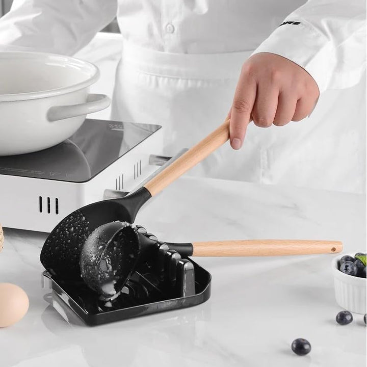 BERAM Silicone Cooking Utensil Set, 13 Pieces, Wooden Handles, Kitchen Spatula Set, Nonstick Cookware, Non Toxic, Heat Resistant, Kitchen Tools Set With Storage Bucket and Lid Rest, Black