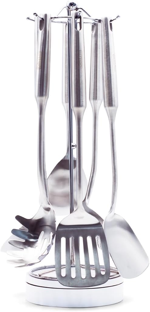 BERAM Stainless Steel Cooking Set, 304 Utensils Set of 6 with Stand – Pasta Server, Rice Scoop, Turner, Spatula, Soup Ladle, Skimmer – Kitchen Tools for Daily Use