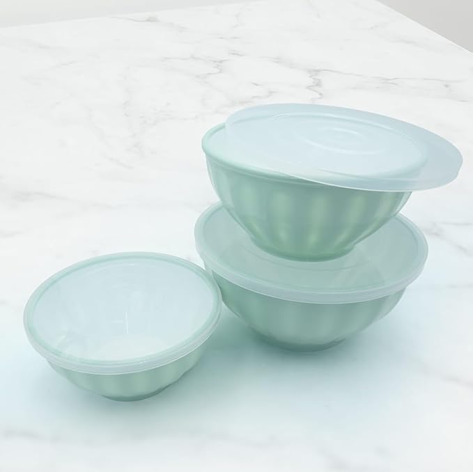 3-Piece Mint Green Mixing Bowl Set with Lid BPA-Free Plastic Nesting Bowls for Kitchen Microwave & Dishwasher Safe Food Storage & Salad Prep Bowls (1.3L, 2.2L, 3.4L)