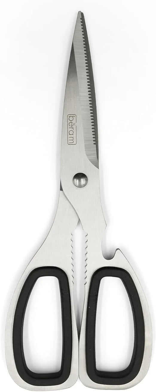 BERAM 8-Inch Multipurpose Kitchen Scissors Ultra Sharp Stainless-Steel Shears In Silver TPR and SS Handle Premium Serrated Blades Can Opener & Nutcracker for Home Office & Daily Use