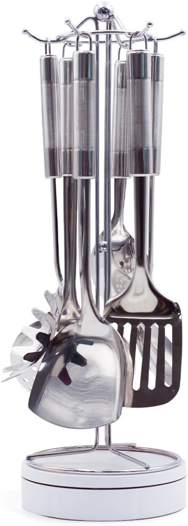 BERAM Stainless Steel Cooking Utensils Set – 6-Piece Kitchen Tool Set with Pasta Server, Turner, Spatula, Skimmer, Rice Scoop & Soup Ladle – Durable Matte Silver Cookware Utensils