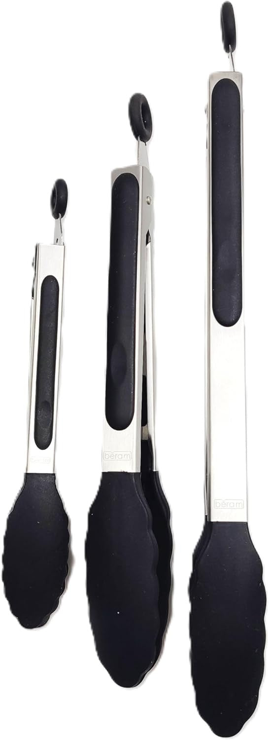 BERAM 270°C Heat Resistant Kitchen Tongs Set of 3- 18/8 Stainless Steel Tongs with Non Stick Silicone Tips 12,9,7 inch for Grilling BBQ Frying Salad and Food Serving Durable Locking Tongs Black